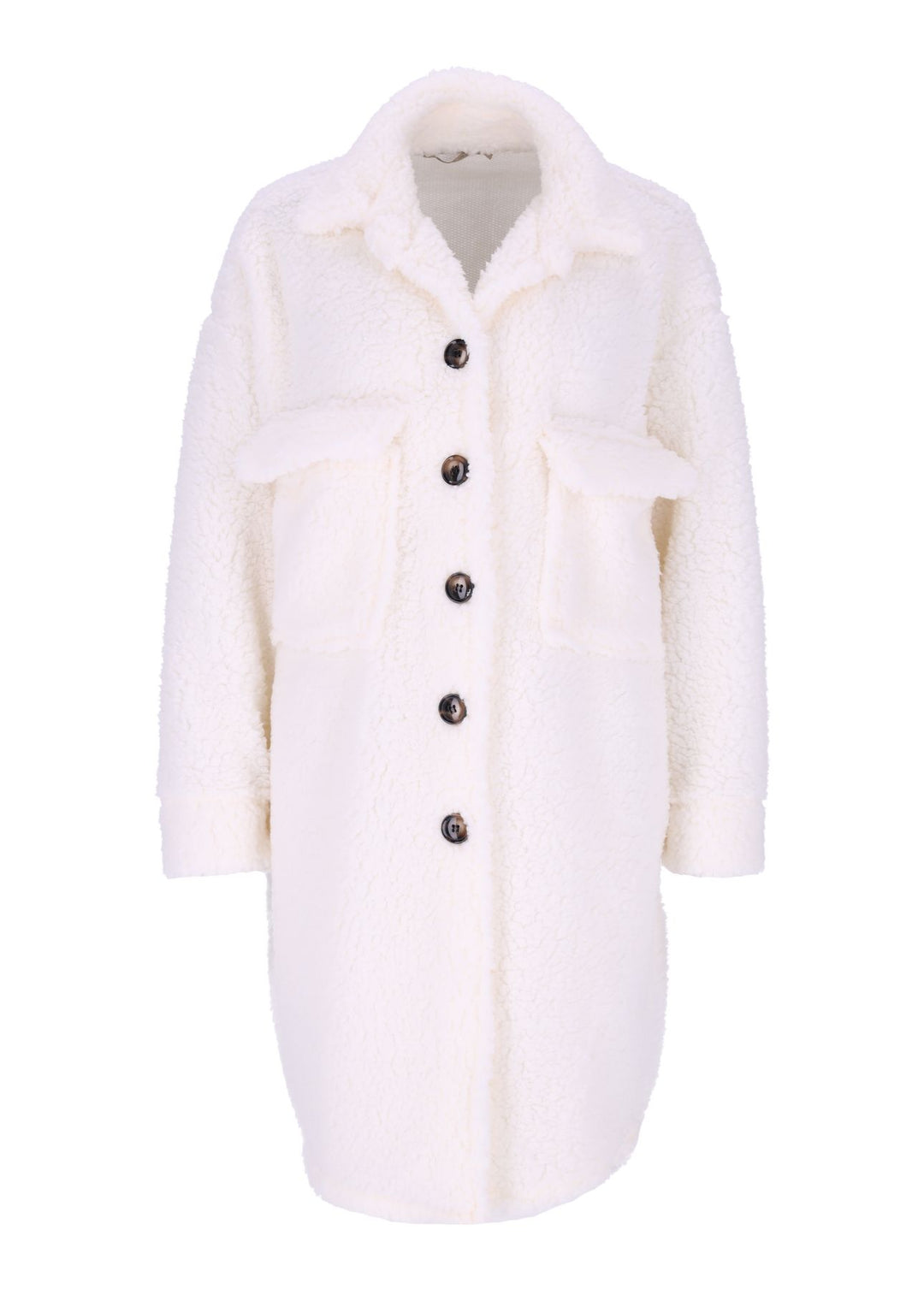 Damen Teddy Blusenjacke mit Stehkragen und Brusttaschen – Bianco