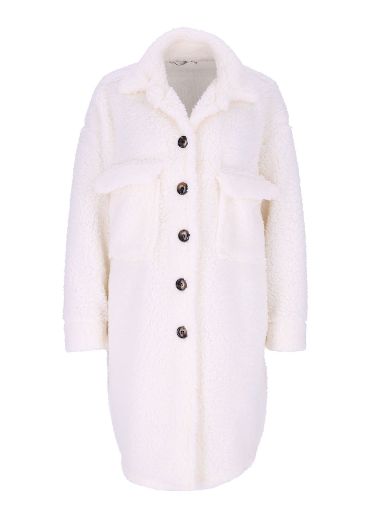 Damen Teddy Blusenjacke mit Stehkragen und Brusttaschen – Bianco