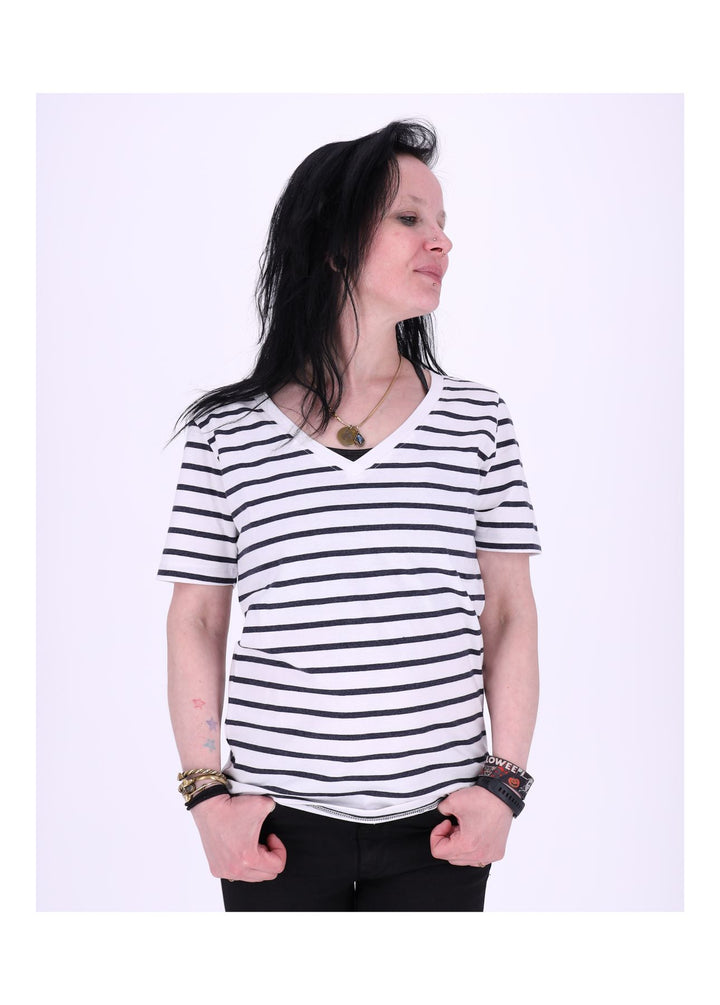 TARA M Damen T-Shirt Streifen V-Ausschnitt